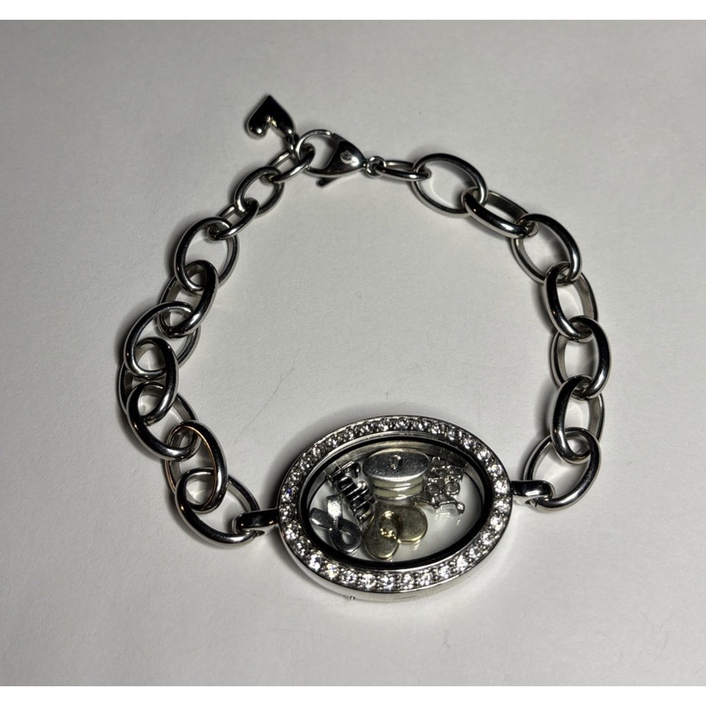 Floating Charm Memory Locket Bracelet Grandma Blue Ribbon Rhinestone